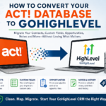ACT! to GoHighLevel migration showing contacts, custom fields, opportunities, notes, history, tags, and groups being transferred to GoHighLevel.